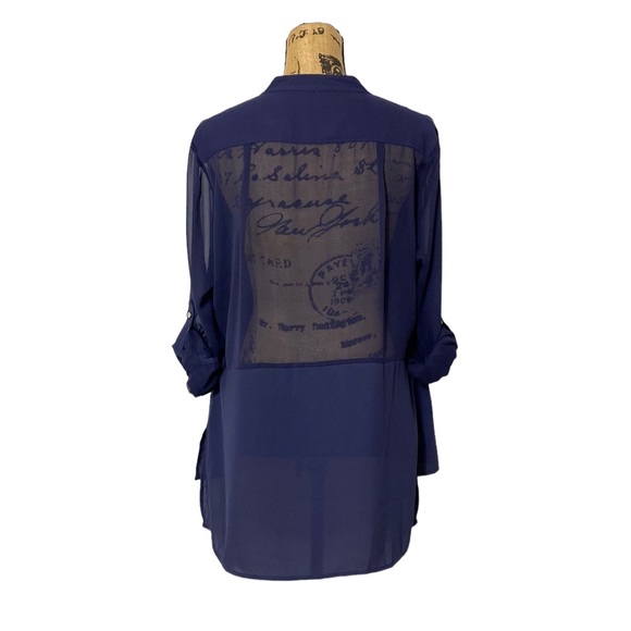 Navy Sheer V-Neck Long Sleeves Blouse L - Picture 7 of 10